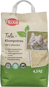 Verpackung von Tofu-Klumpstreu der Marke TRIXIE mit 4,5 kg, abgebildet ist eine Katze und die Schrift „100 % pflanzlich“.