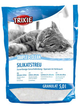 Verpackung eines Silikatstreus der Marke Trixie mit schlafender Katze im Hintergrund, Text betont Geruchsbindung und Sparsamkeit.
