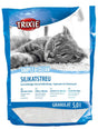 Verpackung eines Silikatstreus der Marke Trixie mit schlafender Katze im Hintergrund, Text betont Geruchsbindung und Sparsamkeit.