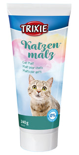 Eine Tube mit der Aufschrift "TRIXIE Katzenmälz" und einem Bild einer Katze, 240 g, ohne Zuckerzusatz.
