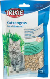 Trixie Katzengras Nachfüllbeutel mit Bild einer grauen Katze vor grünem Gras, blaue Verpackung mit Texten in mehreren Sprachen.