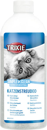 Eine Flasche mit weißem Deckel zeigt ein Produktetikett mit einer grauen Katze und der Aufschrift "Katzenstreudeo".