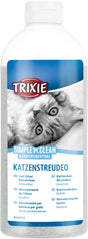 Eine Flasche mit weißem Deckel zeigt ein Produktetikett mit einer grauen Katze und der Aufschrift "Katzenstreudeo".