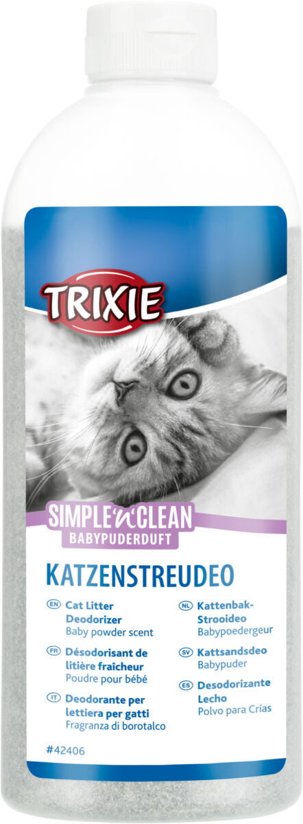 Katzenstreudeo Simple'n'Clean Babypuderduft von Trixie in weißer Plastikflasche mit Katzenbild.
