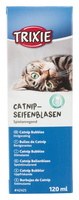 Verpackung für "Catnip-Seifenblasen" von Trixie, mit Bild einer Katze und mehrsprachiger Produktbeschreibung, 120 ml.