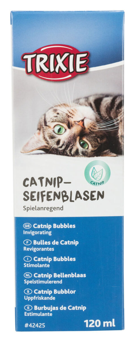 Verpackung für "Catnip-Seifenblasen" von Trixie, mit Bild einer Katze und mehrsprachiger Produktbeschreibung, 120 ml.