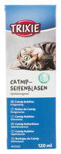 Verpackung für "Catnip-Seifenblasen" von Trixie, mit Bild einer Katze und mehrsprachiger Produktbeschreibung, 120 ml.