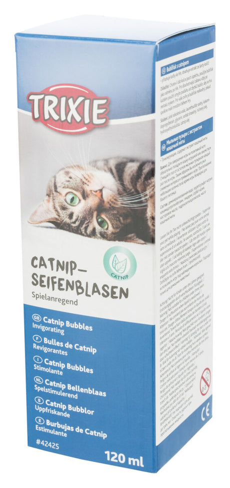 Kartonverpackung mit Bild einer Katze, Text "TRIXIE Catnip-Seifenblasen", Farben: Blau, Weiß, 120 ml.