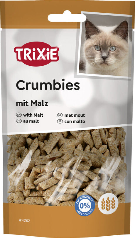 Verpackung mit malzhaltigen Leckerlis für Katzen, zeigt Bild einer Katze und enthält Hinweis auf 0% Zuckerzusatz.