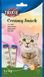Verpackung von Trixie Creamy Snack mit Huhn, Abbildung einer Katze, Aufschrift auf Englisch, Deutsch, Französisch, Spanisch.