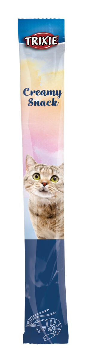 Verpackung eines Katzensnacks mit der Aufschrift „Trixie Creamy Snack“ und dem Bild einer Katze auf buntem Hintergrund.