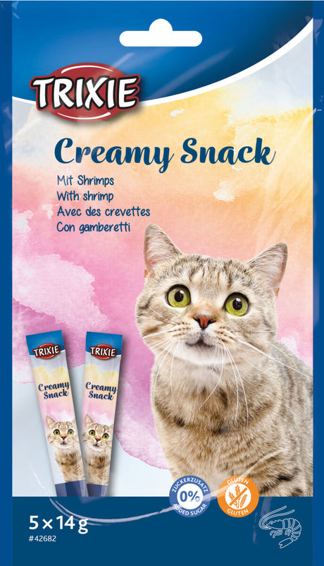 Verpackung für Katzenleckerlis von Trixie, mit Shrimpsgeschmack, zeigt eine Katze vor buntem Hintergrund.