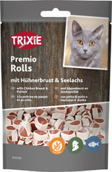 Tütchen mit der Aufschrift "TRIXIE Premio Rolls mit Hühnerbrust &amp; Seelachs", darauf Bild einer grauen Katze.