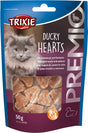 Katzensnack-Verpackung mit Bild einer grauen Katze, Text "Trixie Ducky Hearts", enthält Entenbrust und Seelachs, 50g.