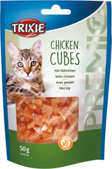 Verpackung mit Hühnerwürfeln von Trixie für Katzen, 50 g, glutenfrei, mit Bild einer Katze und mehrsprachigem Text.