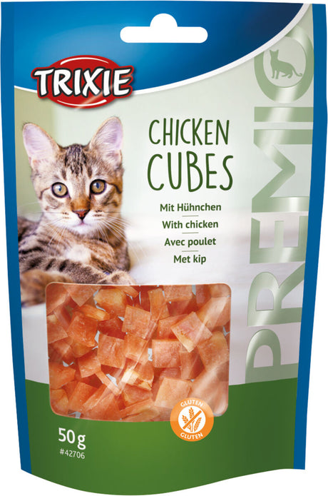 Verpackung mit Hühnerwürfeln von Trixie für Katzen, 50 g, glutenfrei, mit Bild einer Katze und mehrsprachigem Text.