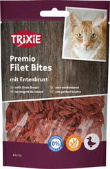 Katzenfutterpackung von Trixie, Premio Filet Bites mit Entenbrust, Bild von orange-weißem Kater, rote Bites sichtbar.