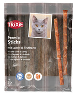 Verpackung von Trixie Premio Sticks mit Lamm und Truthahn, Katzenbild und Sticks sichtbar, 0% Zuckerzusatz.