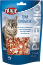 Katzensnack-Verpackung mit Thunfisch- und Hühnchen-Stückchen, Aufschrift „Tuna Sandwiches“, 50 g, Blauer Hintergrund.