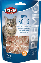 Eine blaue Verpackungskatze und kleine runde Leckerli mit der Aufschrift "Tuna Rolls" und mehreren Sprachen.