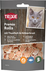 Verpackung von Trixie Premio Rolls mit Thunfisch und Hühnerbrust, Bild eines grauen Kätzchens, glutenfrei.