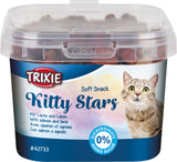 Behälter mit durchsichtiger Kappe und Etikett "Trixie Kitty Stars Soft Snack", Bild einer Katze, Geschmack Lachs und Lamm.