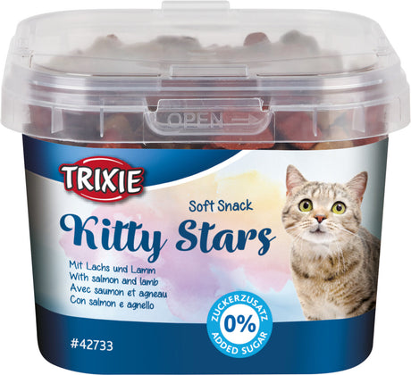Behälter mit durchsichtiger Kappe und Etikett "Trixie Kitty Stars Soft Snack", Bild einer Katze, Geschmack Lachs und Lamm.