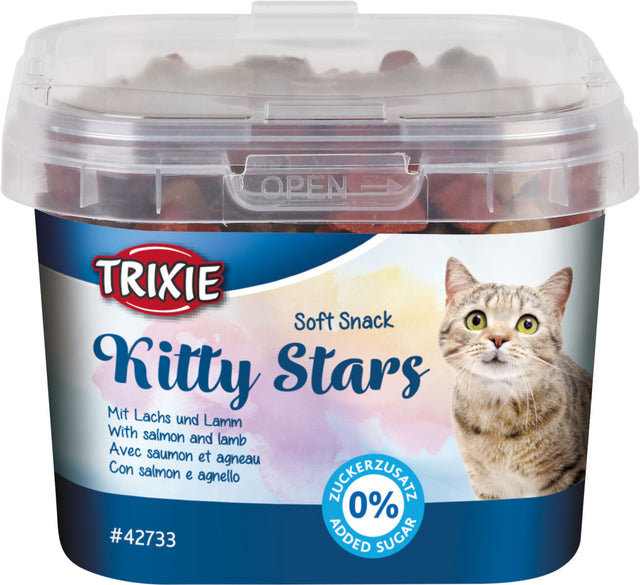 Behälter mit durchsichtiger Kappe und Etikett "Trixie Kitty Stars Soft Snack", Bild einer Katze, Geschmack Lachs und Lamm.