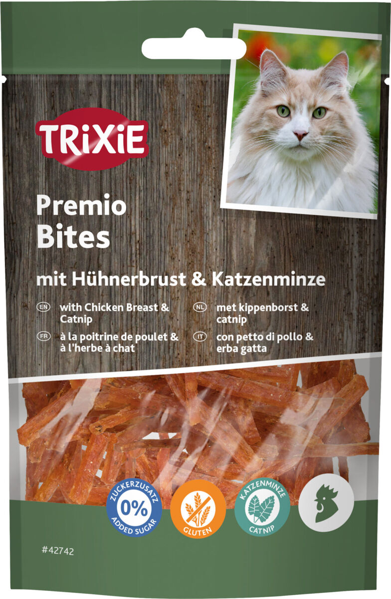 Katzenleckerlis mit Hühnerbrust und Katzenminze von Trixie, Verpackung mit Bild einer Katze und Text in mehreren Sprachen.