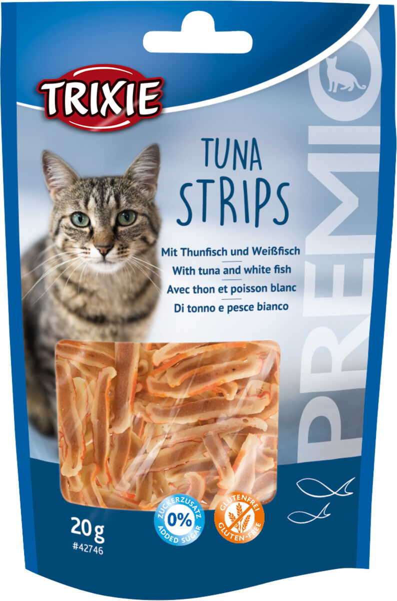 Verpackung Trixie Premio Tuna Strips für Katzen mit Thunfisch und Weißfisch, 20 g, ohne Zuckerzusatz, glutenfrei.