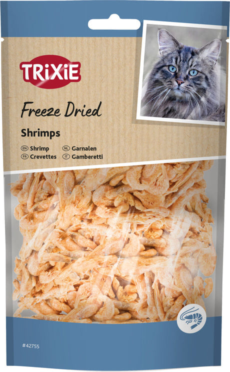 Verpackung mit gefriergetrockneten Shrimps, Trixie-Logo oben, Katze abgebildet, Text in mehreren Sprachen.