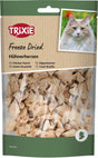 Verpackung mit der Aufschrift "Trixie Freeze Dried Hühnerherzen" und Bild eines orange-weißen katzenähnlichen Tieres.