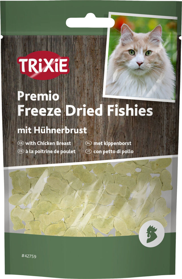 Tüte Katzenleckerlis, darauf Katze abgebildet, Text: "TRIXIE Premio Freeze Dried Fishies mit Hühnerbrust".