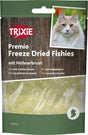 Tüte Katzenleckerlis, darauf Katze abgebildet, Text: "TRIXIE Premio Freeze Dried Fishies mit Hühnerbrust".