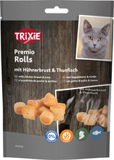Tüte mit Katzenfutter von Trixie, Premio Rolls, mit Hühnerbrust und Thunfisch, Bild einer Katze, ohne Zuckerzusatz, glutenfrei.