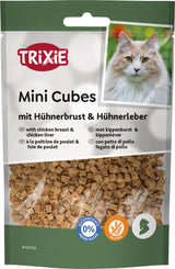 Tüte mit Katzenleckerlis "TRIXIE Mini Cubes" mit Hühnerbrust und Hühnerleber, Bild einer Katze, glutenfrei.