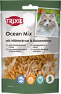 Verpackung eines Katzenfutters mit der Aufschrift "TRIXIE Ocean Mix mit Hühnerbrust &amp; Katzenminze", Bild einer Katze, Details in verschiedenen Sprachen.