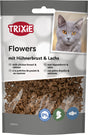 Verpackung mit Katzenfutter in braunen Stückchen, Markenname "Trixie" und Geschmacksangaben "Hühnerbrust &amp; Lachs".