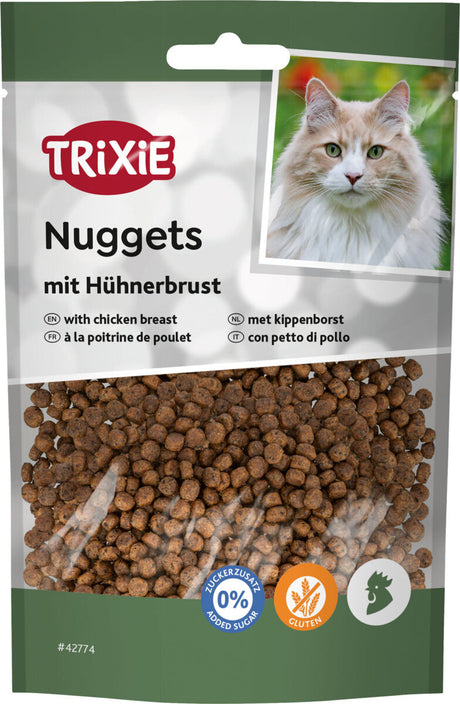Verpackung von Trixie Nuggets mit Hühnerbrust, Foto einer Katze, Symbole für zuckerfrei und glutenfrei unten.