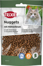 Verpackung von Trixie Nuggets mit Hühnerbrust, Foto einer Katze, Symbole für zuckerfrei und glutenfrei unten.