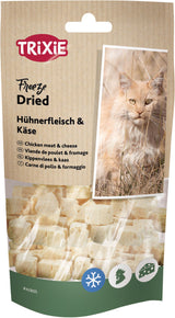 Verpackung von gefriergetrockneten Hühnerfleisch- und Käse-Stücken mit Bild einer Katze und Markenlogo.