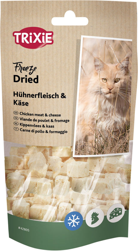 Verpackung von gefriergetrockneten Hühnerfleisch- und Käse-Stücken mit Bild einer Katze und Markenlogo.