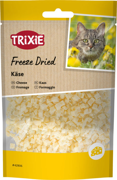 Tüte mit gefriergetrocknetem Käse, Markenname TRIXIE, Bild einer Katze, gelber Farbakzent, Produktnummer #42806.