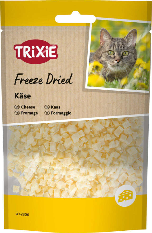 Tüte mit gefriergetrocknetem Käse, Markenname TRIXIE, Bild einer Katze, gelber Farbakzent, Produktnummer #42806.