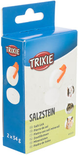 Verpackung mit der Aufschrift "TRIXIE Salzstein" und Bildern von Tieren; enthält zwei Salzsteine à 54 g.