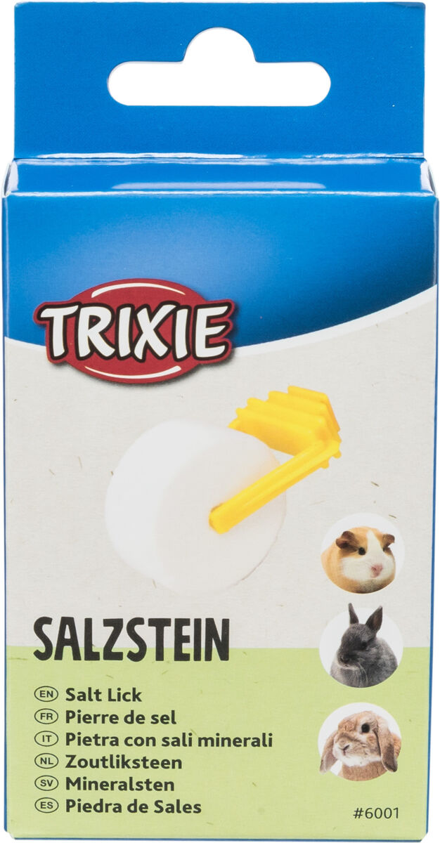 Verpackung eines Salzsteins mit gelbem Halter, Markenname oben, Abbildungen eines Meerschweinchens und Kaninchens unten.