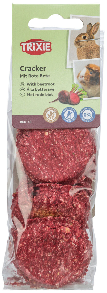 Eine durchsichtige Verpackung mit roten Cracker-Scheiben, Aufdruck: "TRIXIE Cracker mit Rote Bete".