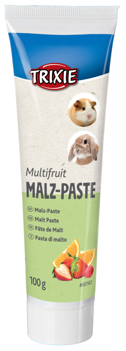 Tube mit blau-weißem Design, Aufdruck "Trixie Multifruit Malz-Paste", Bilder von Meerschweinchen und Kaninchen, 100 g.