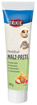 Tube mit blau-weißem Design, Aufdruck "Trixie Multifruit Malz-Paste", Bilder von Meerschweinchen und Kaninchen, 100 g.