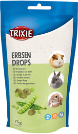 Verpackung von Erbsen-Drops für Tiere mit blauer Oberseite und Bildern von drei Nagetieren sowie Erbsenabbildungen.